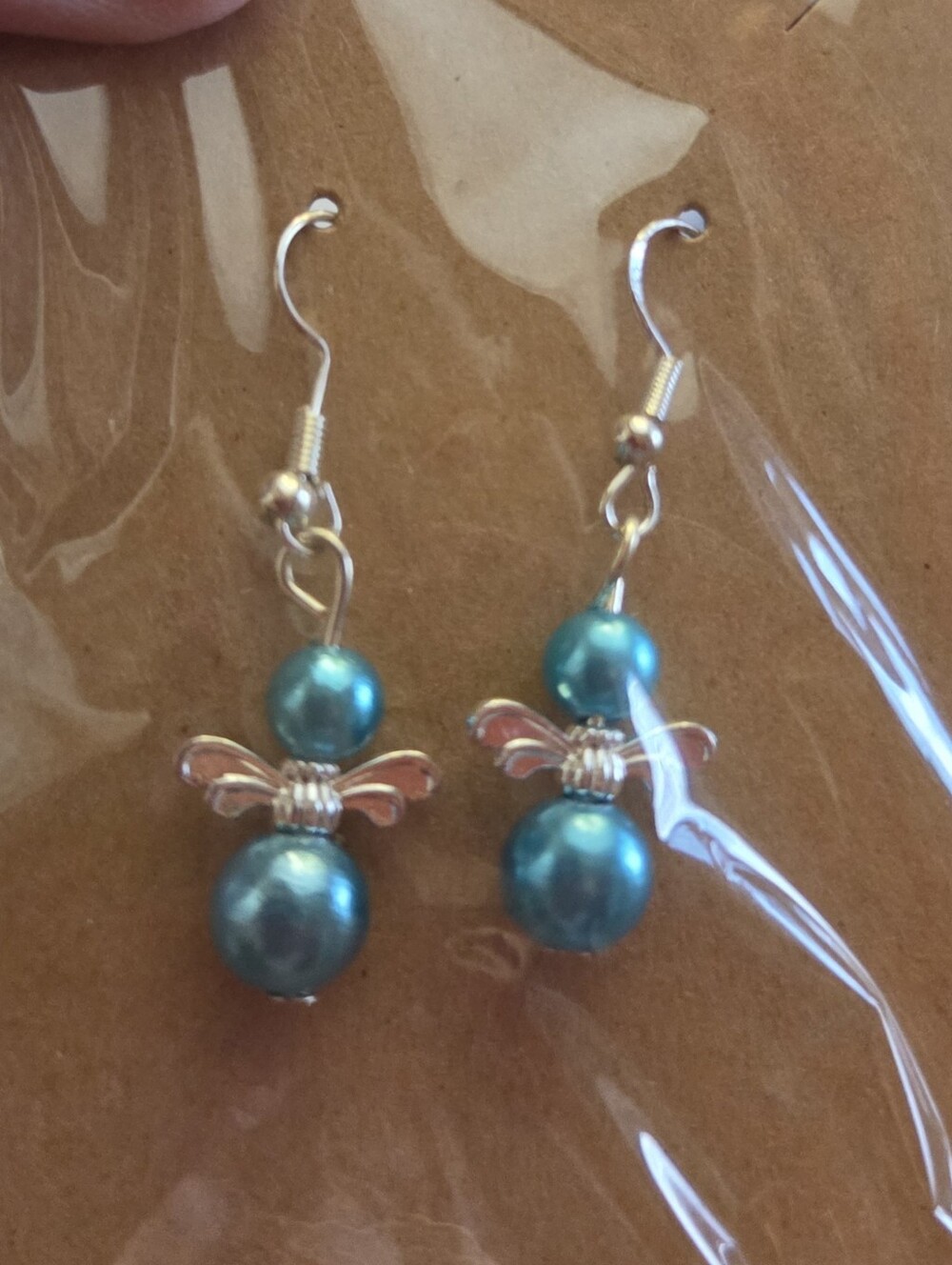 Turquoise Pearl Angel Drop Earrings with Silver Wings